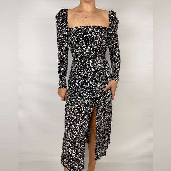 & OTHER STORIES Satin Square Neck MIDI Dress Slit Puff Sleeve Smocked Party - Picture 3 of 7